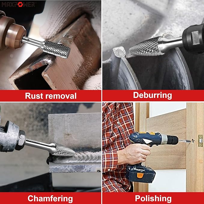 MAXPOWER 1/4" Carbide Burr Set, 3-Piece Rotary Burrs, Double Cutting burrs Rotary File for Metal and Woodworking Drilling, Carving, Polishing, Engraving