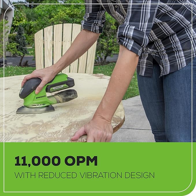 Greenworks 24V Cordless Mouse Detail Sander, Wood Sander with 11,000 OPM, Removable Dust Collection Bag, 2Ah Battery & Charger