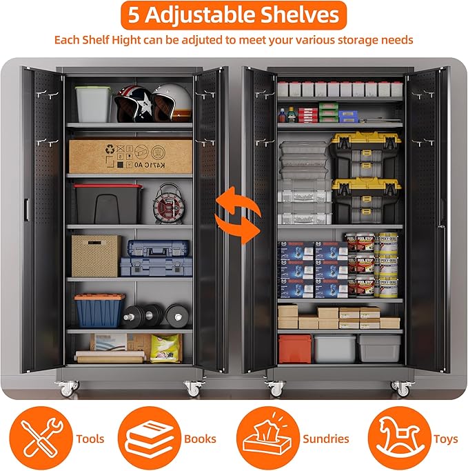 71" Metal Storage Cabinet with Wheels and Pegboard, Lockable Rolling Steel Storage Cabinet with 5 Adjustable Shelves and Door for Garage, Office, Kitchen, Assembly Required,Black
