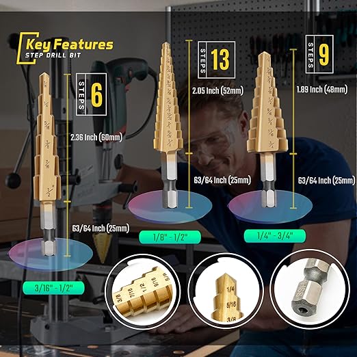 Titanium Step Drill Bit Set - 3PCS High Speed Steel Unibit, 1/4" Shank, Total 28 Sizes 3/16" - 1/2"