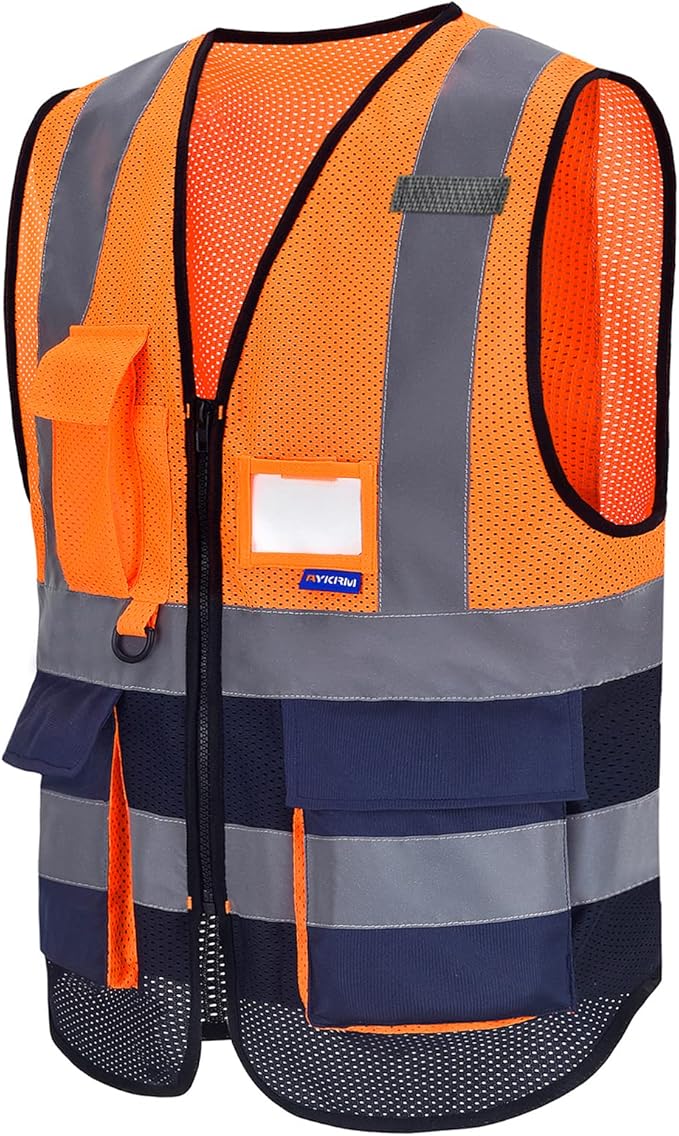 A-SAFETY High Visibility Mesh Safety Reflective Vest with Pockets and Zipper,Hi Vis Viz Reflective Safety Vest(Orange&Navy Mesh XL)