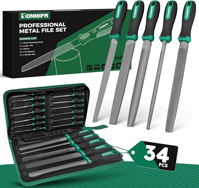 Professional Metal File Set 34Pcs Industrial Grade High Carbon Steel,5 Shapes (Flat/Half Round/Round/Triangle/Square) for Hardened Steel, Metalworking Tools with Storage Case,14 Needle Files