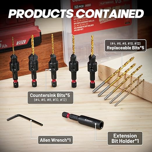 EZARC Countersink Drill Bit Set, 12 PCS Counter Sink Drill Bit Adjustable, #4, #6, #8, #10, #12, Magnetic Extension bit Holder for Woodworking with Storage Box