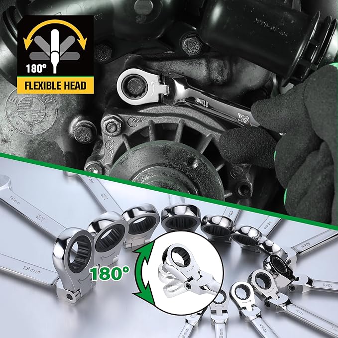 SK Flex-Head Ratcheting Wrench Set, Combination Wrench Set, 12-Piece, Metric 8 to 19mm, 72-Tooth, Premium CR-V Construction, with Rack Organizer