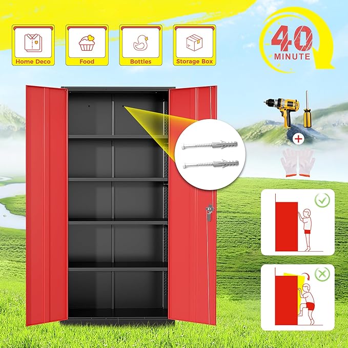 Pataku Metal Storage Cabinet, 71" Garage Cabinet with Doors and Shelves Lockable Steel Multifunctional Cabinets, File Cabinets for Home, Office, Warehouse(Black Red)