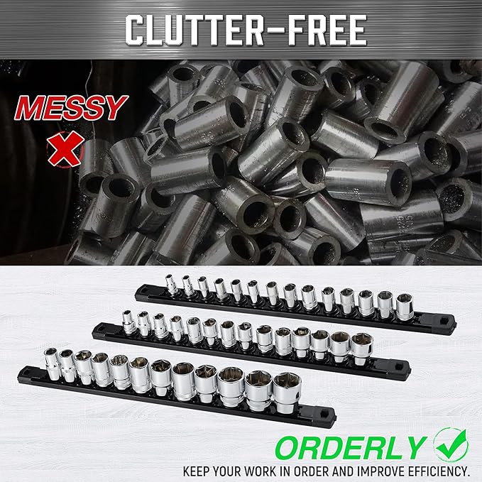 ALOANES 1/2-Inch Drive Magnetic Socket Organizer, Heavy Duty Aluminum Socket Rail Organizer, 360° Swivel Clips Socket Holder Kit for Tool Box, 1/2 Inch Socket Holder x 12 Clips (Black)