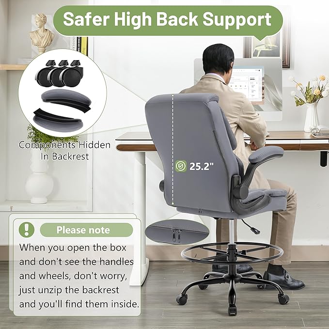 500LBS Drafting Chair, High Back Safer Standing Desk Chair, Executive Tall Office Chair with Flip-up Armrests, Upholstered PU Leather Task Chair, Ergonomic Seat with Adjustable Height&Foot Ring, Grey