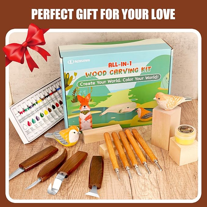 Wood Carving Kit, 44Pcs Wood Carving Tools with 4 Style Templates & 12 Color Paint Set & Bee Wax, Wood Whittling Knives Set 4pcs Whittling Knives & 5pcs Detail Knives for Beginners and Hobbyists