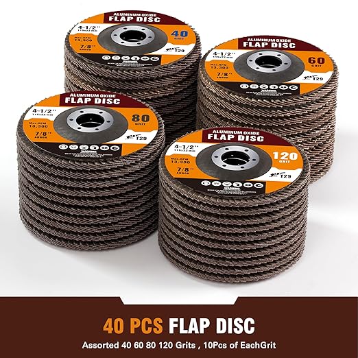 40 Pack Flap Discs 4 1/2 for Angle Grinder 40 60 80 120 Grit Grinding Wheels 4.5 x 7/8 Inch Sanding Disc, Aluminum Oxide Abrasive, Type 29
