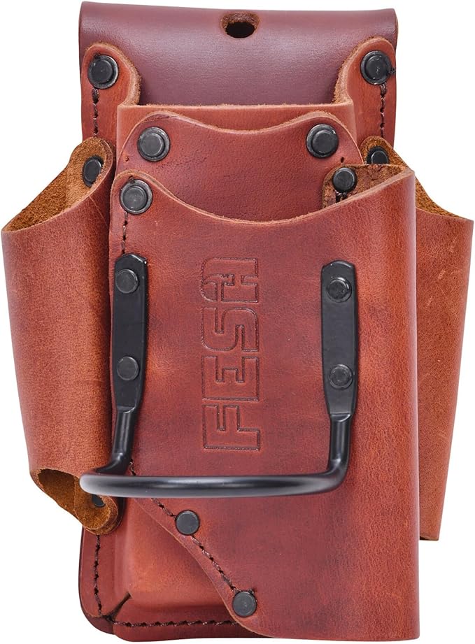 FESA Small Leather Tool Pouch - 5-in-1 Heavy Top Grain Leather Small Tool Pouch with a Steel Hammer Loop, 4 Pockets & Reinforced Heavy Duty Rivets - Fits Belts up to 3" - Handcrafted