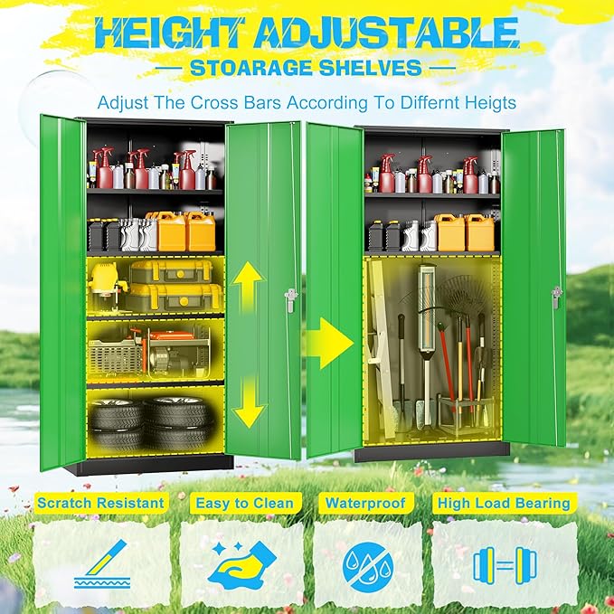 Pataku Metal Storage Cabinet, 71" Garage Cabinet with Doors and Shelves Lockable Steel Multifunctional Cabinets, File Cabinets for Home, Office, Warehouse(Dark Green)