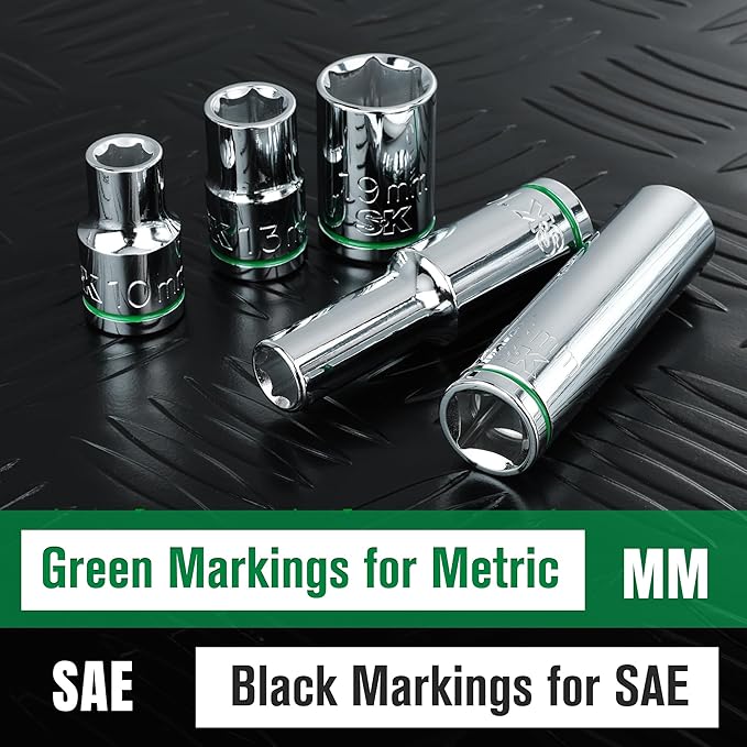 SK 1/2" Drive Socket Set, Metric Sockets, 11-Piece 10-20mm, SuperKrome Finish, Preminum CR-V Construction, with Aluminum Socket Organizer