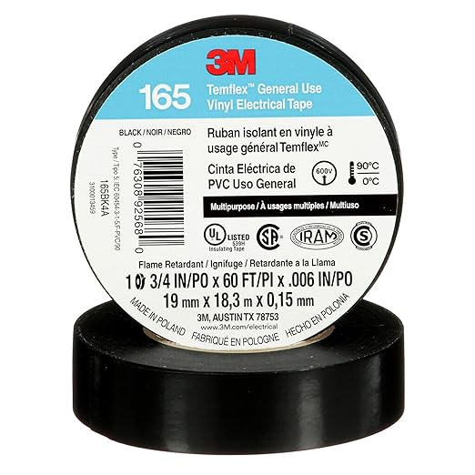 3M Temflex Vinyl Electrical Tape 165, Black, 3/4 in x 60 ft (19 mm x 18 m), 6 mil, 100 Rolls/Case