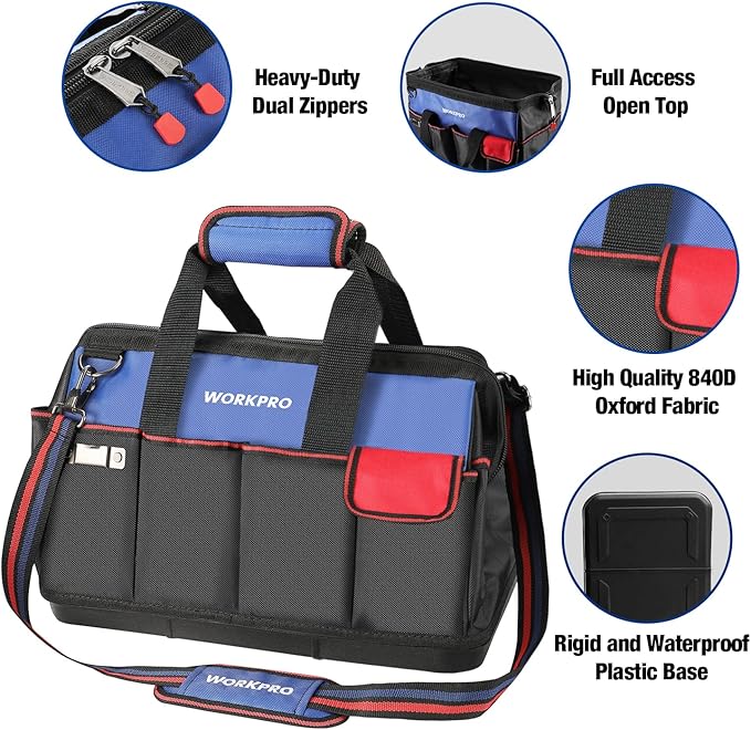 WORKPRO Tool Bag, 18 Inch Tool Bag with Waterproof Molded Base, Open Top Tool Organizer Bag with 20 Pockets, Adjustable Shoulder Strap