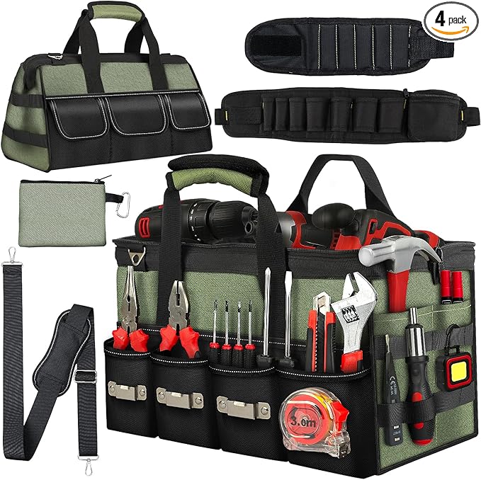 15 Inch Heavy Duty Tool Bag-48 Pockets,1680D Tear&Abrasion Resistant,Includes Tool Pouch,Tool Belt,Magnetic Wristband&Adjustable Shoulder Strap | Tool Organizer(Green)