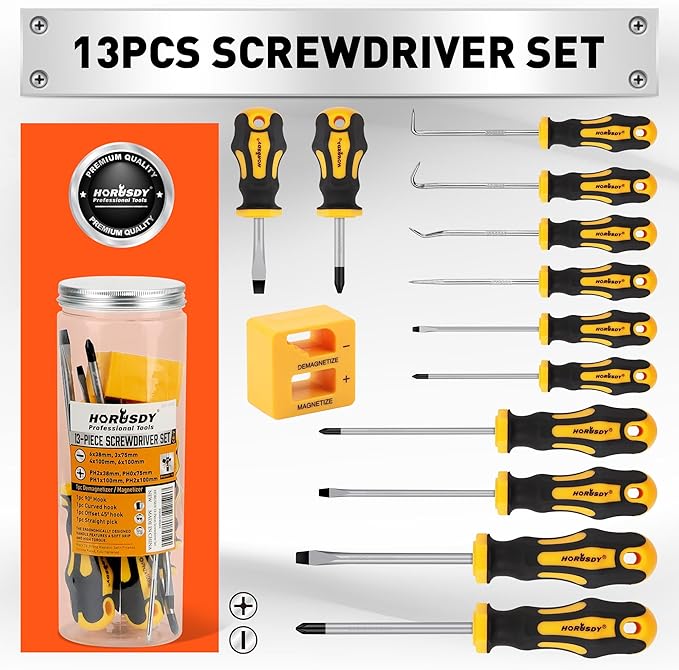 HORUSDY 13-Pieces Screwdriver Set, Magnetic 4 Phillips and 4 Flat Head Tips and Precision Automotive Hook Set for Fastening and Loosening Seized