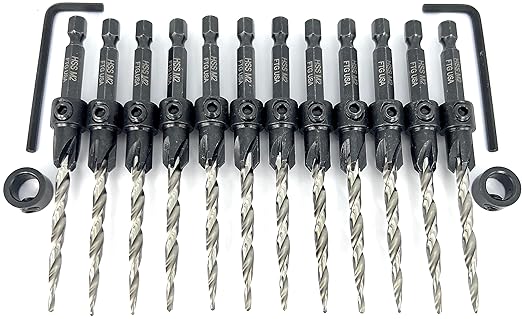 FTG USA 12 Pc #10 (3/16") Countersink Drill Bit Set with Depth Stop Collar, Hex Wrench - Tapered Drill Bits for Wood
