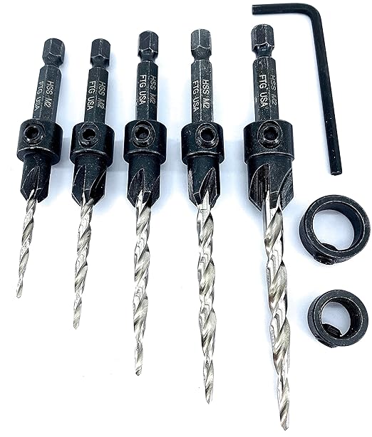 FTG USA Adjustable Wood Countersink Drill Bit Set 5 Pc Countersink Drill Bit #4#6#8#10#12 with Tapered Drill Bit for Woodworking