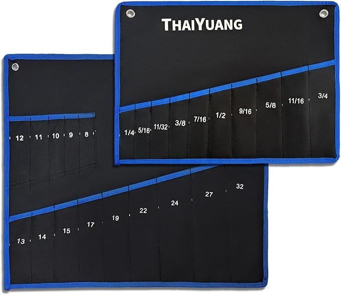 2 Piece Tools Wrench Roll Up Pouch - Wrench Organizer Roll & Wrench Storage Pouch With SAE & Metric Labels (14 pockets+10 pockets)