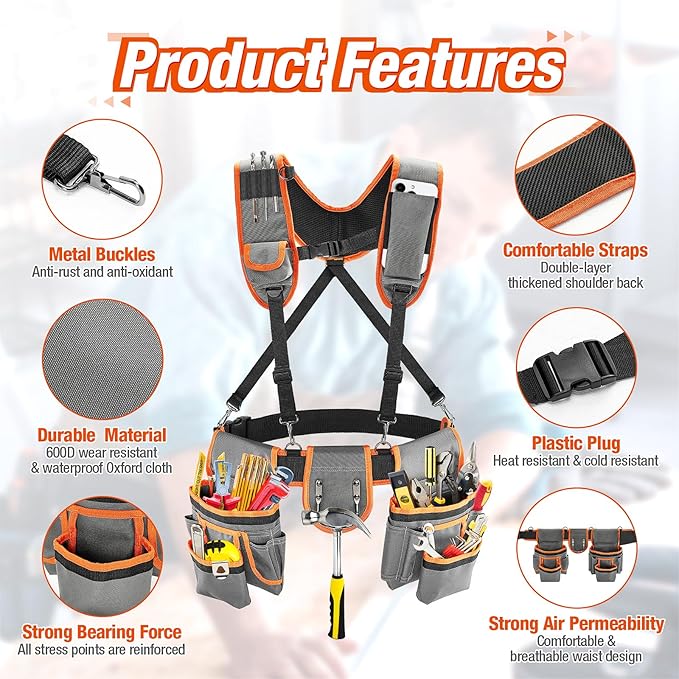 Tool Belt with Suspenders, Heavy-Duty 24-Pocket Work Belt for Electrician, Carpenter, Construction, Detachable & Adjustable Tool Pouch Bag for Men -Fits Waists 33"-48"