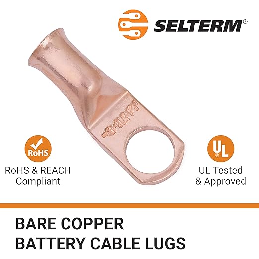 SELTERM 2pcs 6 AWG 5/16" Stud Copper Wire Lugs, Battery Lugs, Ring Terminals, Battery Cable Ends, 6 Gauge Ring Terminal Connectors, UL Heavy Duty Bare Copper Eyelets Battery Terminal Connectors