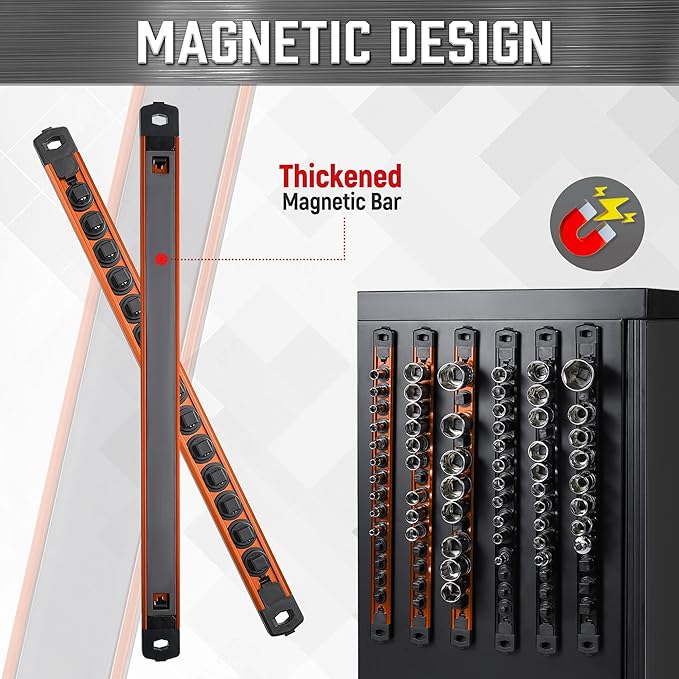 ALOANES 3-Piece Magnetic Socket Organizer, Heavy Duty Aluminum Socket Rails Organizer, 360° Swivel Clips Socket Holder Kit for Tool Box, 1/4-Inch Socket Holder x 42 Clips (Orange)