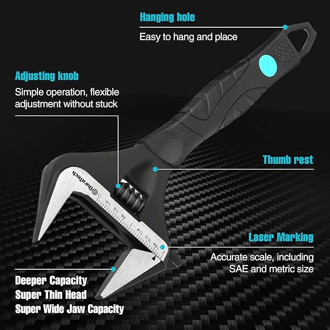 DURATECH 10-Inch Adjustable Wrench, Wide Jaw Opening Black Oxide Finish Plumbing Wrench, CR-V Steel, SAE and Metric Scale Marked, Ergonomic Grip