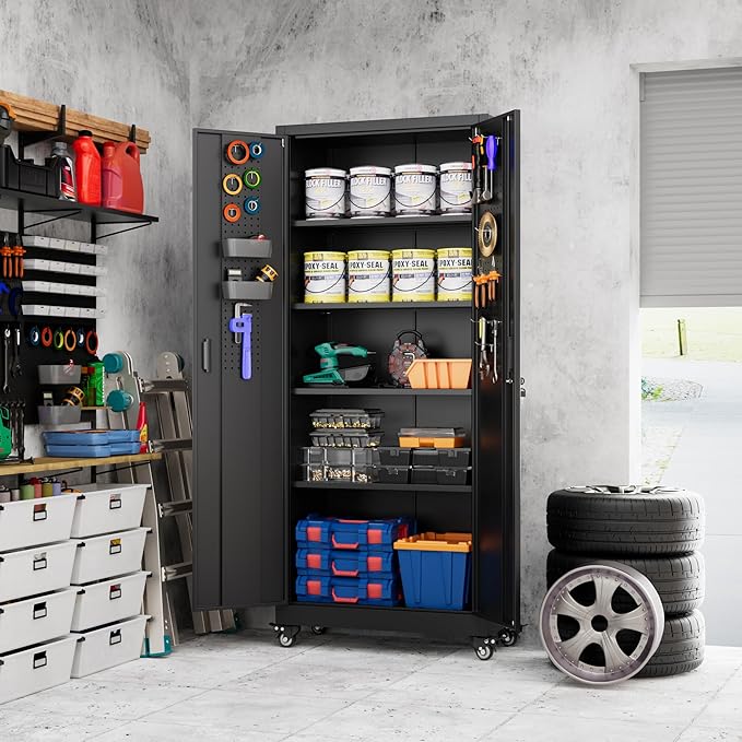 Aobabo 73''H Metal Garage Storage Cabinet with Wheels and Pegboards, 4 Adjustable Shelves Steel Storage Cabinets for Home,Warehouse,Garage,Assembly Required,Black