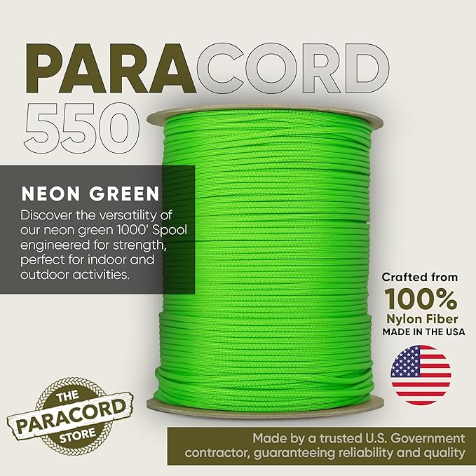 The Paracord Store | Type III 550 Paracord - 250 FT Spool, Neon Green | Heavy Duty 7 Strand Tactical Paracord - USA Made Nylon Outdoor Parachute Cord for Camping, Fishing & More - Survival Cord