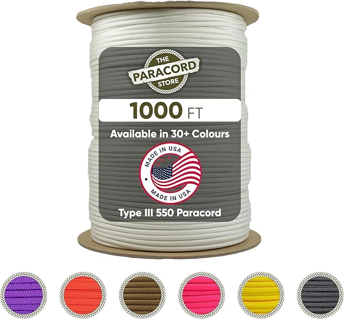 The Paracord Store | Type III 550 Paracord - 1000 FT Spool, White | Heavy Duty 7 Strand Tactical Paracord - USA Made Nylon Outdoor Parachute Cord for Camping, Fishing & More - Survival Cord