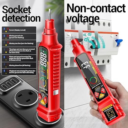 Non Contact Voltage Tester Outlet Receptacle Detector Dual Range AC 2-440V,50Hz-60Hz Live/Neutral Wire Tester with LCD Display,Breakpoint Finder,Light Fuse Checker,Circuit Polarity Wall Plug Tool(Red)