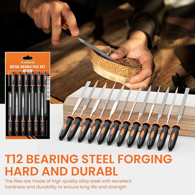 Simniam 12Pcs Metal File Set, Premium Grade T12 Drop Forged Alloy Steel, Mini File Set Contains 6Pcs Diamond Needle Files, 6 Pcs Carbon Steel Needle Files, Perfect for Sanding Wood, Metal & DIY