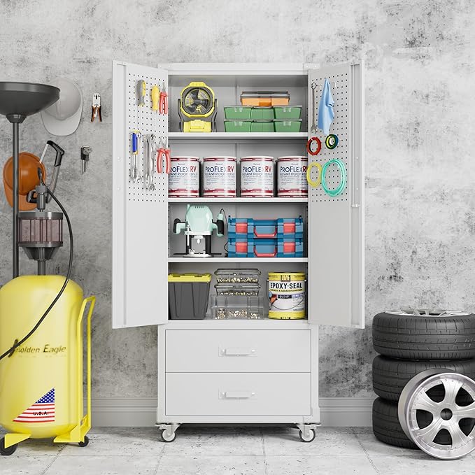 Aobabo Upgraded Metal Garage Storage Cabinet with Wheels and 2 Drawers, Lockable Rolling Tools Cabinet with Pegboards and Hooks,Assembly Required,White