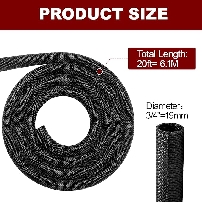 Automotive Wire Loom High Temperature Braided Wire Loom, Split-Sleeve Heat Resistant Wiring Loom Cord Cover for Harness Wires, Self-Wrapping Heavy Duty Sheathing Cable Management Black（20ft-3/4inch ）