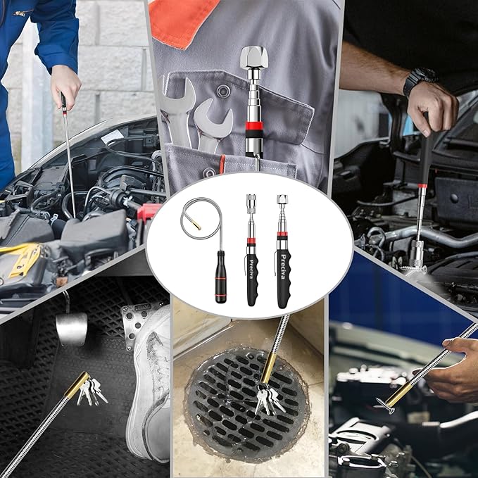 Preciva Telescoping Magnetic Pickup Tool Set - with 16 lb Pick Up Sticks, Telescoping Flexible LED Flashlight, Flexible Magnet Pick Up Sweeper - Fathers Day Christmas Day Gifts for Men