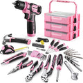 WORKPRO Pink Cordless Drill Driver with Toolbox, 8V Lithium-ion Power Drill and Bits, 2.0 Ah Portable Electric Screwdriver Home Tool Set with Stackable Pink Ribbon Tool Box