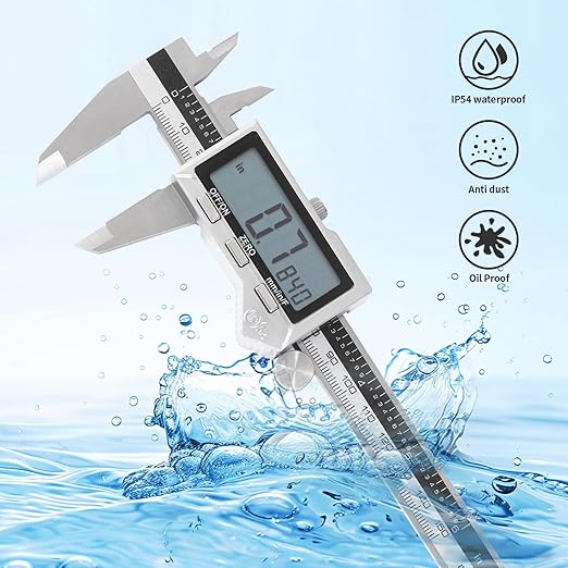 6 Inch/ 150mm IP54 Grade Stainless Steel Digital Caliper & Stainless Steel Rule, Inch/Millimeter/Fraction Conversion, IP 54 Splash Proof Protection Design, Large LCD Screen