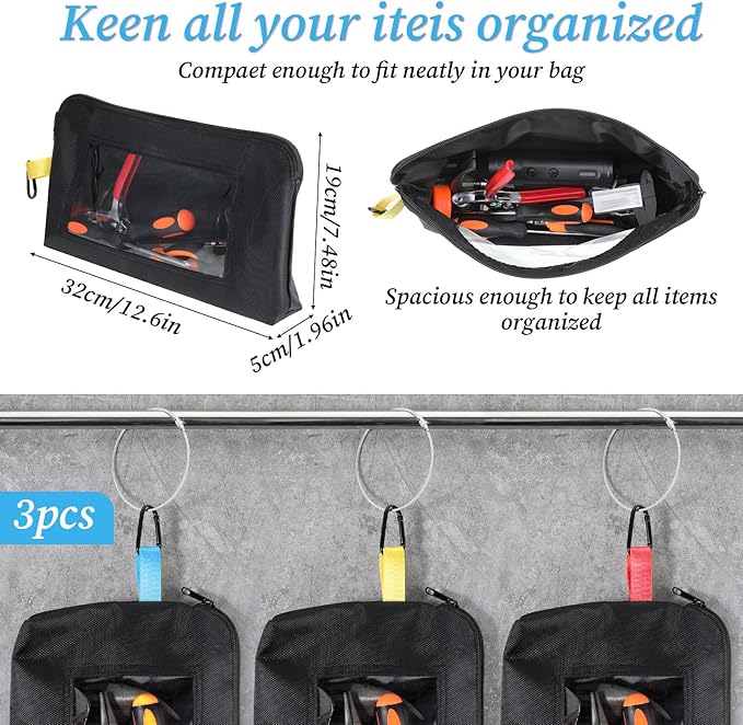 3 Pack Small Tool Organizer Bag, 1680D Oxford Tool Pouch with Zipper, Clear Window Tools Bag Organizer, Heavy Duty 13 x 7.5 x 2 in Tools Pouches for Electricians