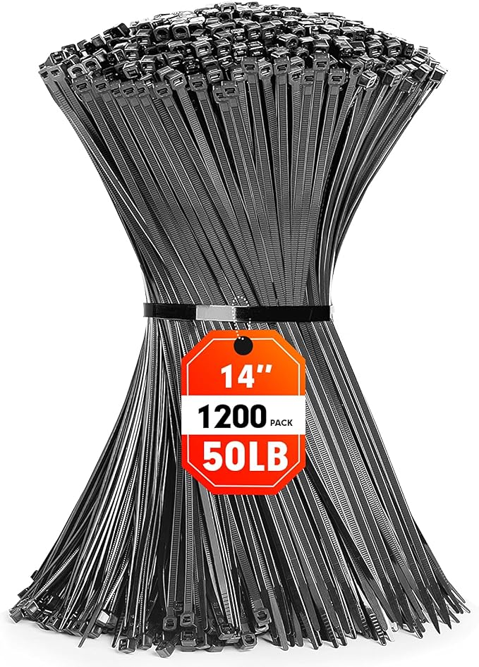Zip Ties, RAZCC 1200pcs Black Cable Zip Ties 14 Inch, Heavy Duty Plastic Wire Ties with 50lb Tensile Strength, Self-Locking Black Nylon Tie Wraps for Indoor and Outdoor