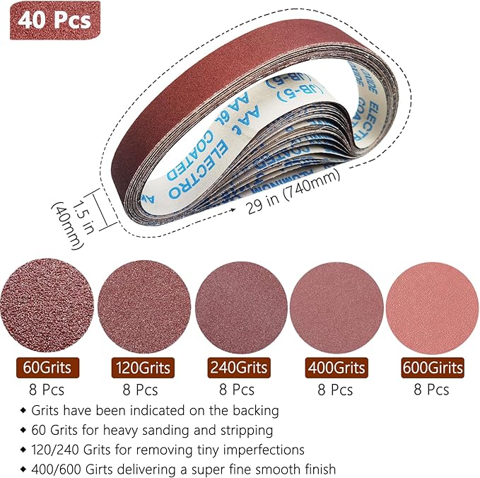 40 Pcs 1-1/2 x 29 Inch Sanding Belts,8 Pcs Each of 60/120/240/400/600 Grits Soft Cloth Sanding Belt for Pipe Sander,740 x 40 mm Sanding Belts for Pipe or Tube Polishing Sanding.