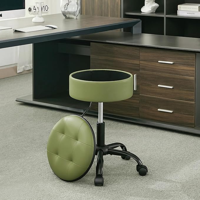 Rolling Stools with Wheels (Chair & Small Table in One) (Adjustable Height Barber Chair 20.67"-24.61"), Green Ergonomic Stool with Storage