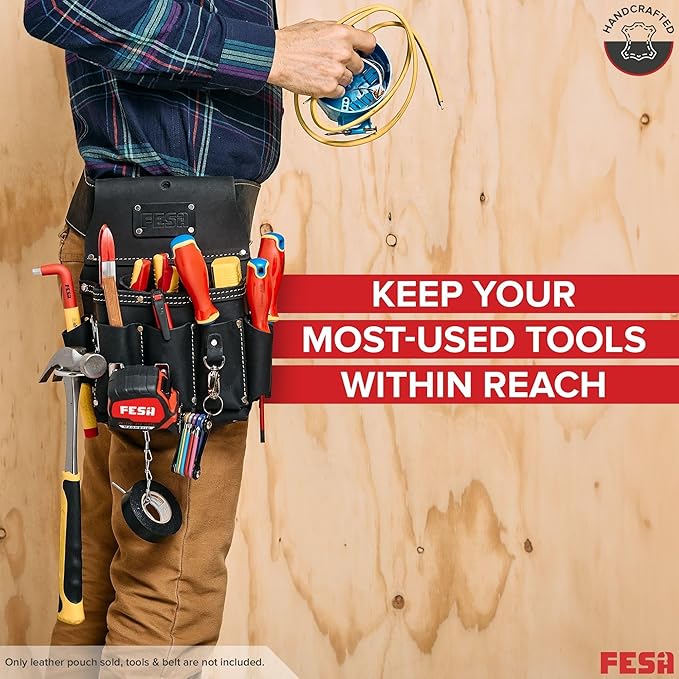 FESA Leather Electrician Tool Pouch - 13-in-1 Top Grain Leather Electrician Pouch w/Steel Hammer Loop, Tape Measure Clip, Tape T-Chain & 6 Pockets - Fits Belts up to 3" - Handcrafted