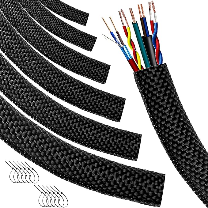 Automotive Wire Loom High Temperature Braided Wire Loom, Split-Sleeve Heat Resistant Wiring Loom Cord Cover for Harness Wires, Self-Wrapping Heavy Duty Sheathing Cable Management Black（6.6ft-1/4inch ）