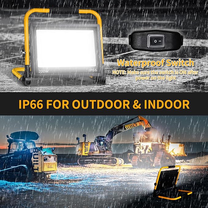 24000LM LED Work Light, 200W Ultra Brighter Flood Light with 16FT Cord Switch, Portable Worklight with Stand, 5000K IP66 Waterproof Outdoor Construction Lighting for Job Site Camping Workshop Garage