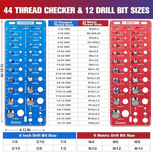 56Pcs Thread Checker, Nut and Bolt Thread Checker Standard and Metric, Thread Gauge Include 22 Inch & 22 Metric & 12 Drill Bit Sizes, Suitable for Nut Bolt Size Finder Classification.