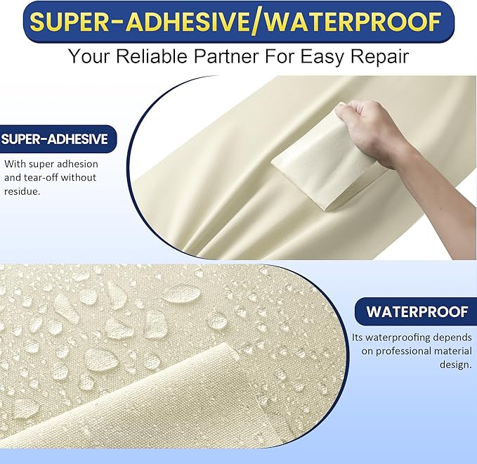 Self-Adhesive Canvas Repair Tape, 4" x 79" Waterproof Canvas Repair Patch, Fabric Patch Repairs Kit for Furniture, Tents, Sunbrellas, Boat Covers Awnings, Couches, Clothes, Bags Beige&White