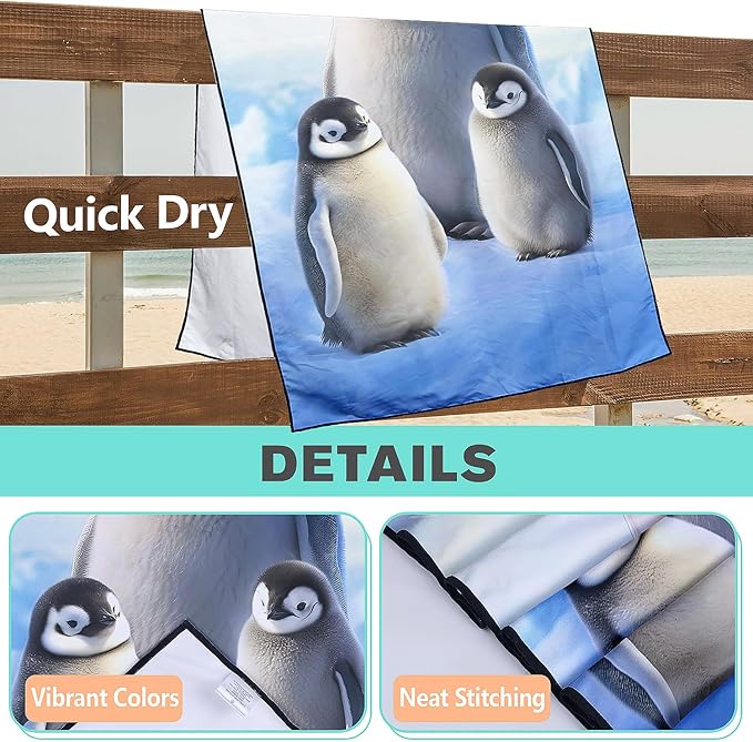 Penguin Family Beach Towel Oversized 36" x 72", Thin Lightweight Sand Free Quick Dry Microfiber Towel for Swimming Pool Cruise Camping Travel