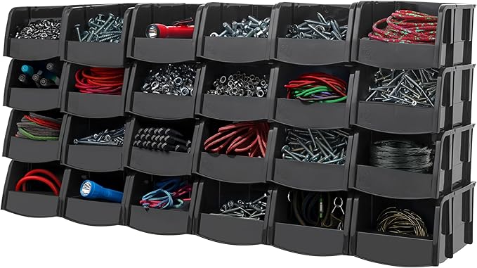 IRIS USA Stackable Storage Bins Open Front, 24 Pack, Plastic Hanging Organizer Caddy Basket for Hardware Crafts, Small Parts, Nuts and Bolts, Garage Tool Storage, Extra Small, Black