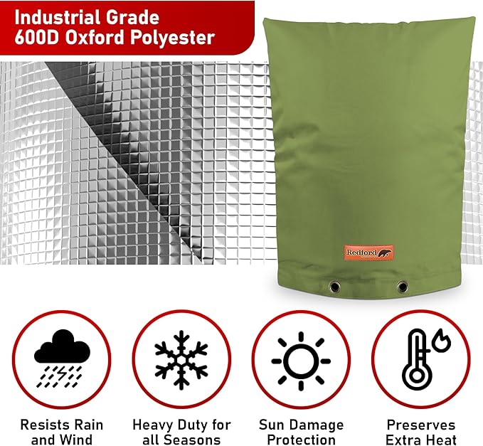 Redford Supply Co. Cold Snap (5°F) Backflow Preventer Insulation Cover, 20"W x 34"H, Pipe Insulation, Water Sprinkler Covers for Outside, Sprinkler Backflow Cover for Winter, Well Pump Bag (Green)