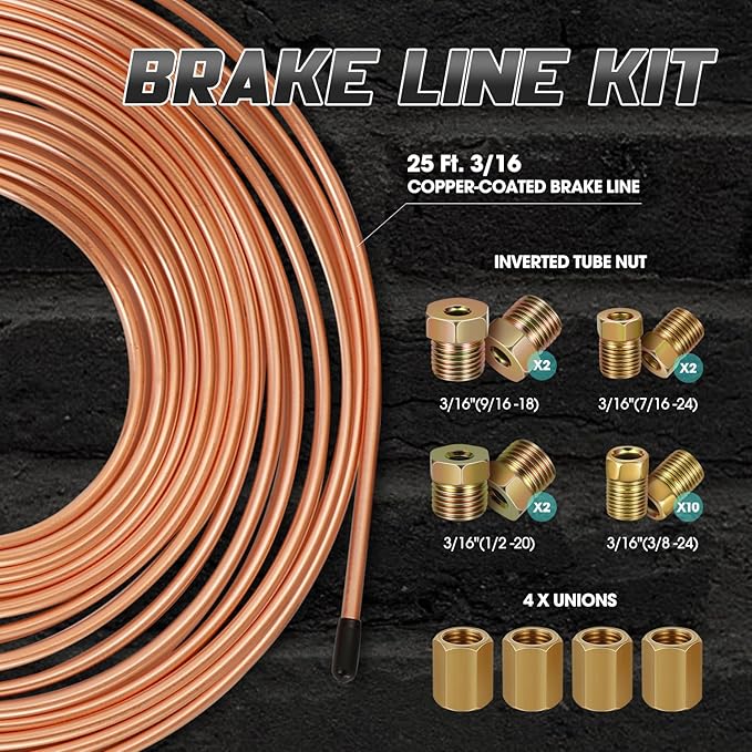 DNA MOTORING Brake Line Tubing Kit, 25 Ft. of 3/16 Copper Coated Flexible Tube, Upgraded Brake Line Tube Roll with 16 Fittings and 4 Unions, TOOLS-00773